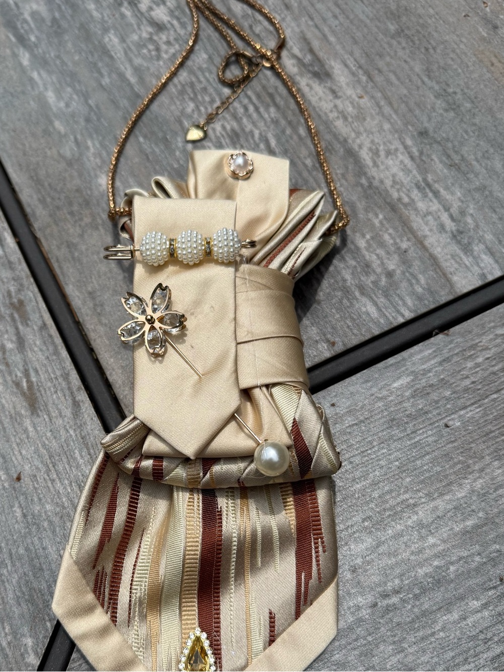 Cream and Brown Striped Neck Tie Necklace with Pearl & Crystal Pins